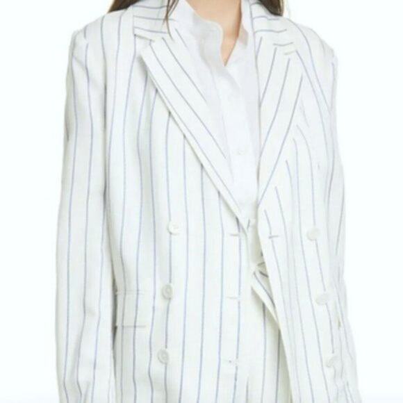 Equipment Gael Double Breasted Stripe Print Blazer white with Blue strips - Picture 2 of 7